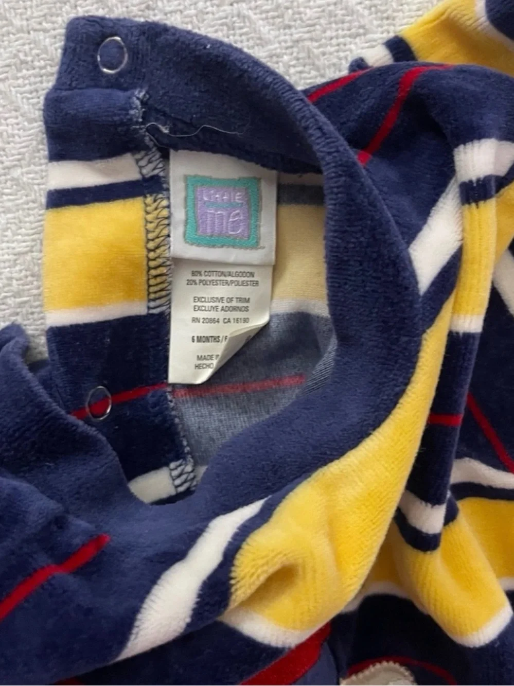 Little Me Vintage Yellow Navy and Red Striped Bear and Drum Appliqué Romper